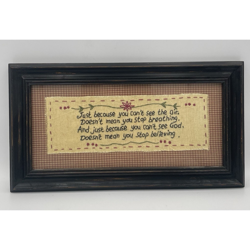 Vtg. Finished Embroidery Framed Pearson's Simply Primitive Farmhouse Religious